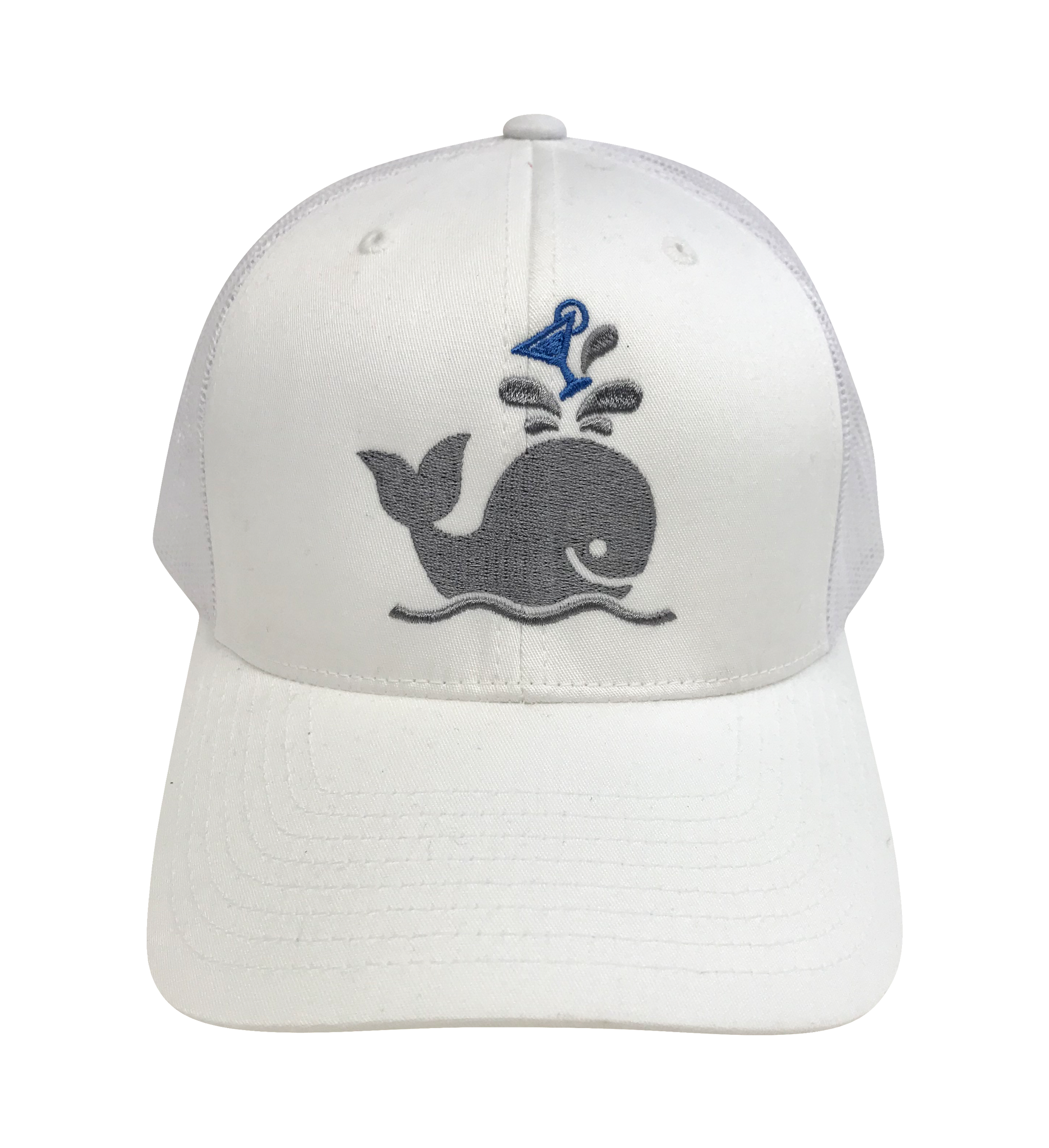 Island Smilin' Spout the Martini Whale Embroidered Trucker Hat - White