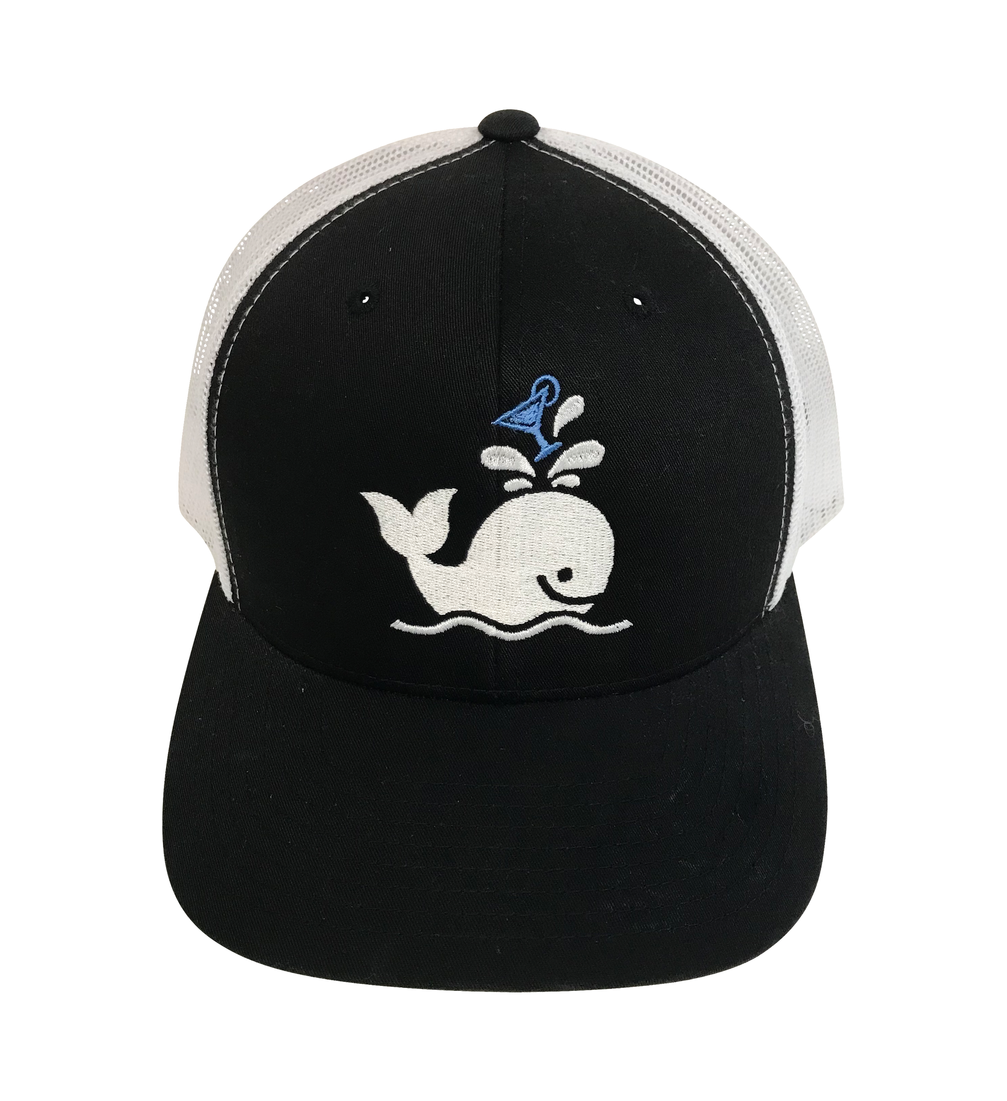 Island Smilin' Spout the Martini Whale Embroidered Trucker Hat - Black/White